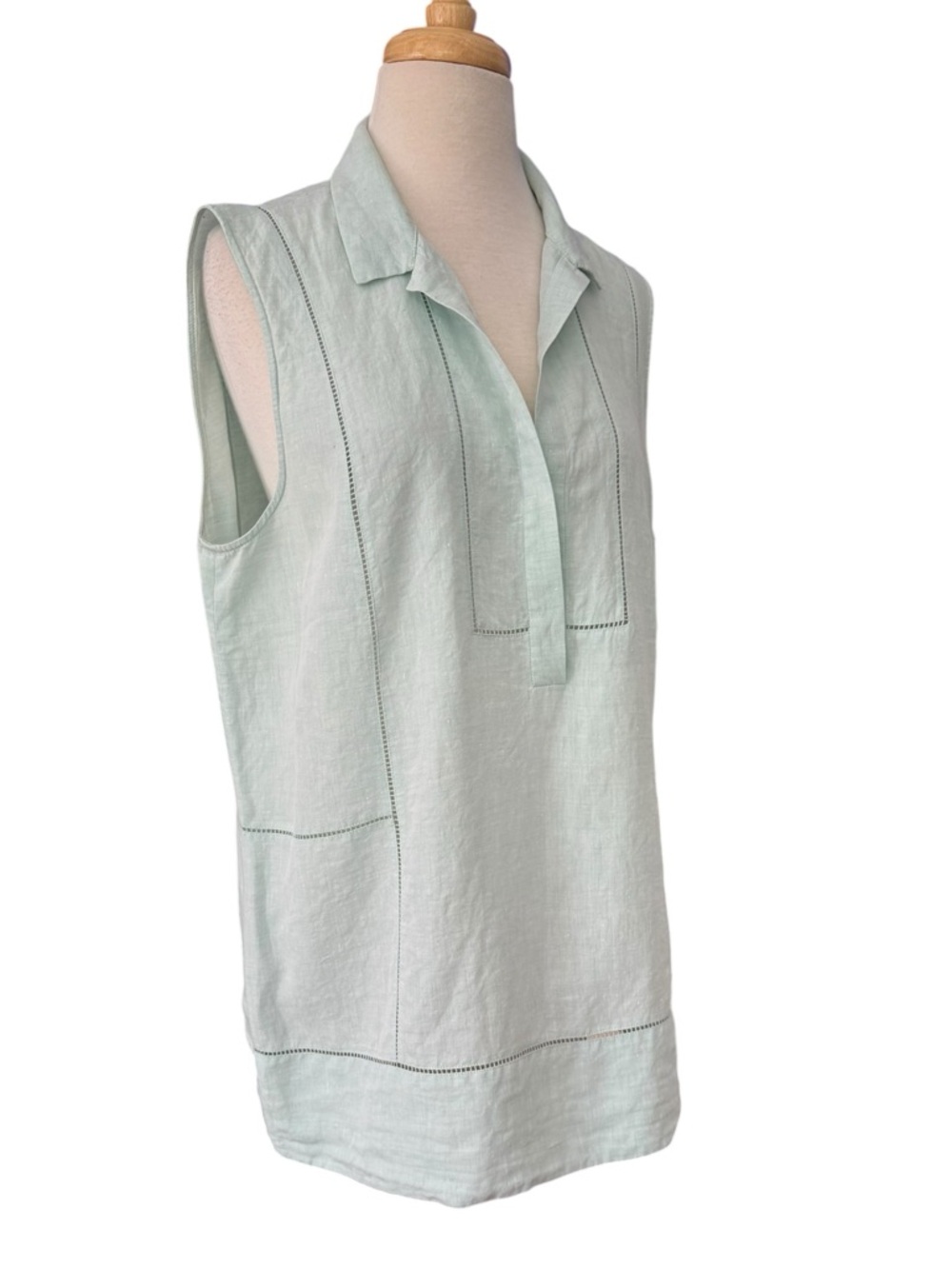 Lafayette 148 New York Sleeveless Collared Tunic Linen Ladder Stitch Mint XL - Picture 3 of 9